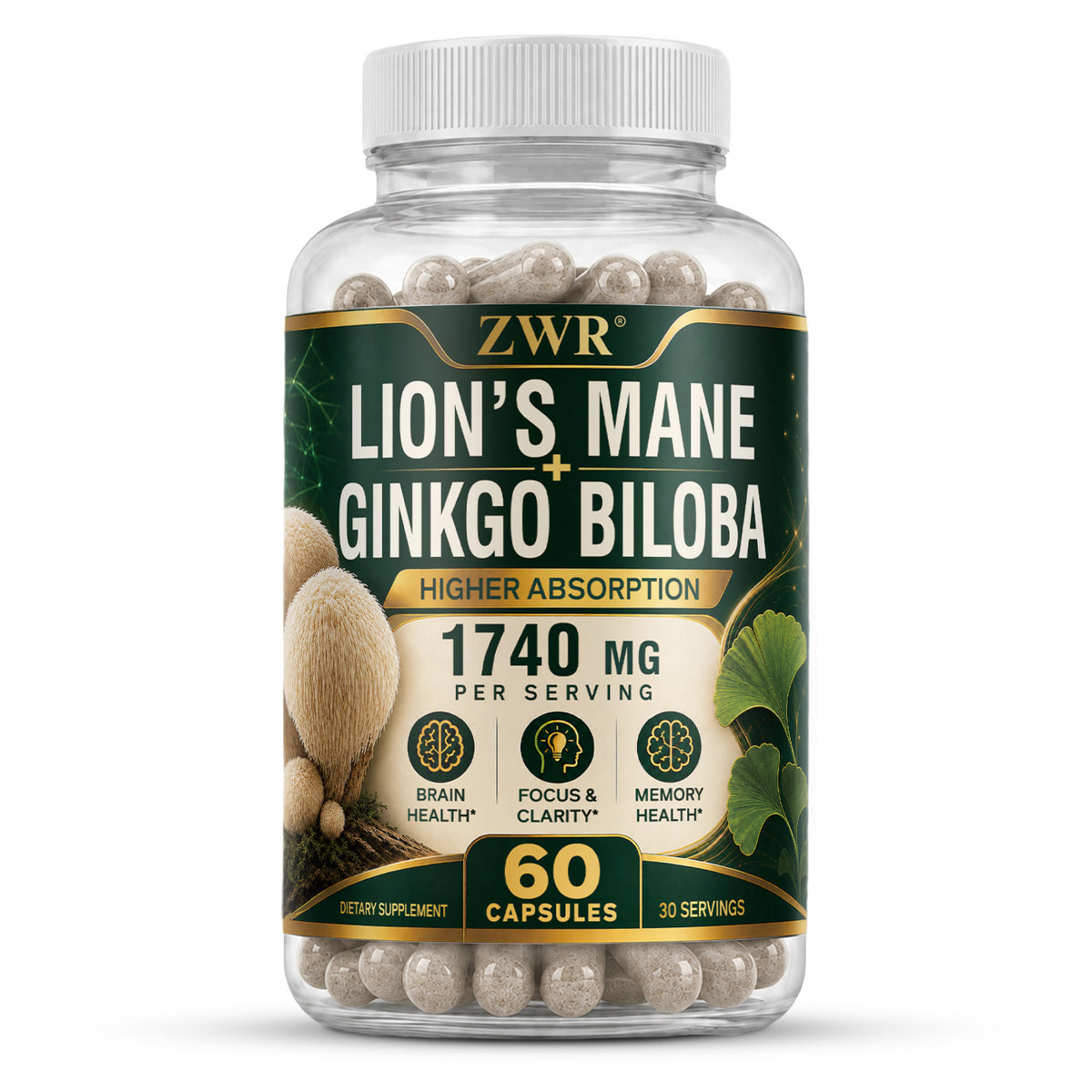 Lion's Mane Mushroom Extract with Ginkgo Biloba Capsules, 1740 mg Per Serving, Brain Health, Focus & Clarity, Memory Health, Cognitive Wellness Formula, 60 Capsules Each