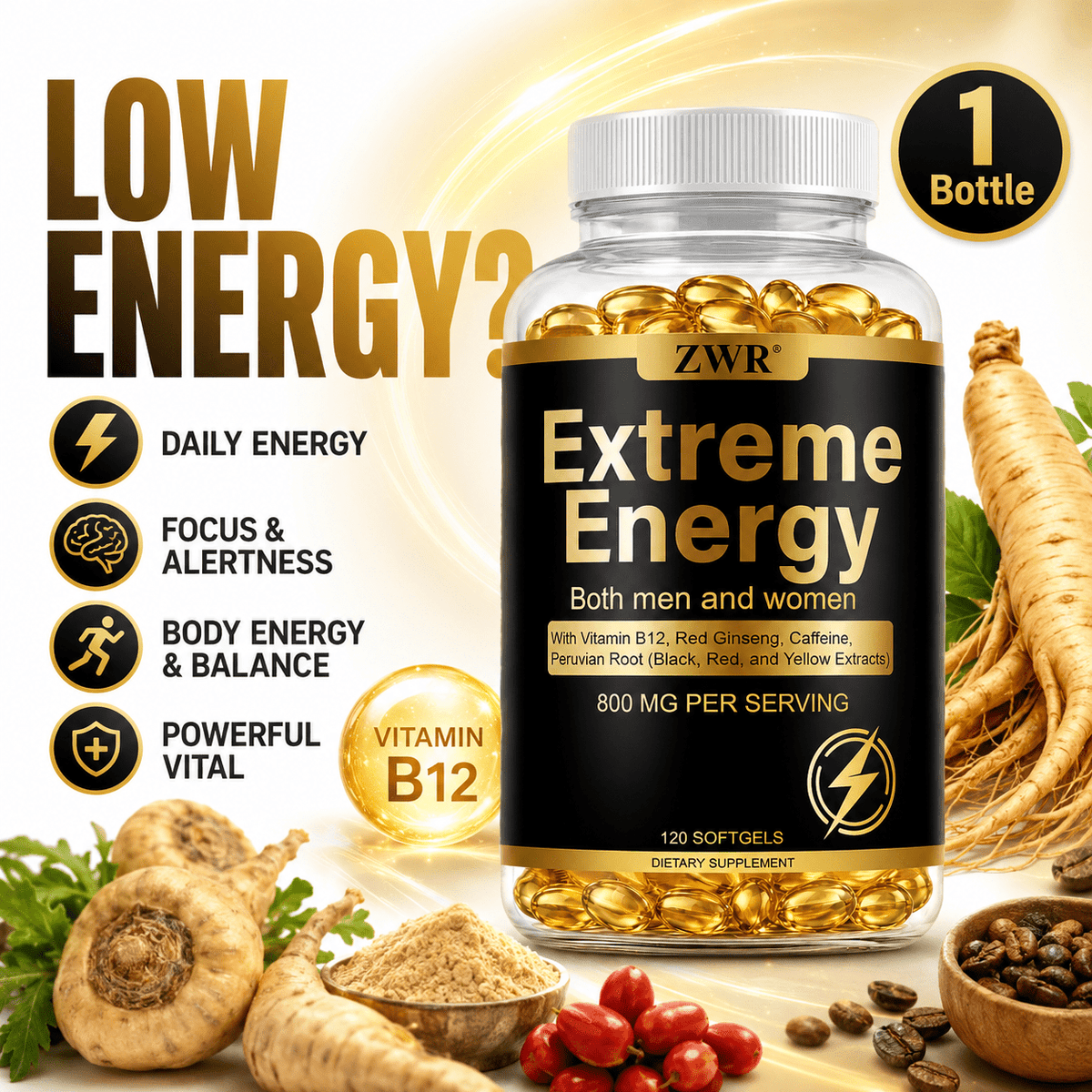 Extreme Energy Softgels, 120 Softgels, 800mg Per Serving, Vitamin B12, Red Ginseng, Caffeine & Peruvian Root Extract, Daily Energy, Focus & Alertness Support for Men and Women