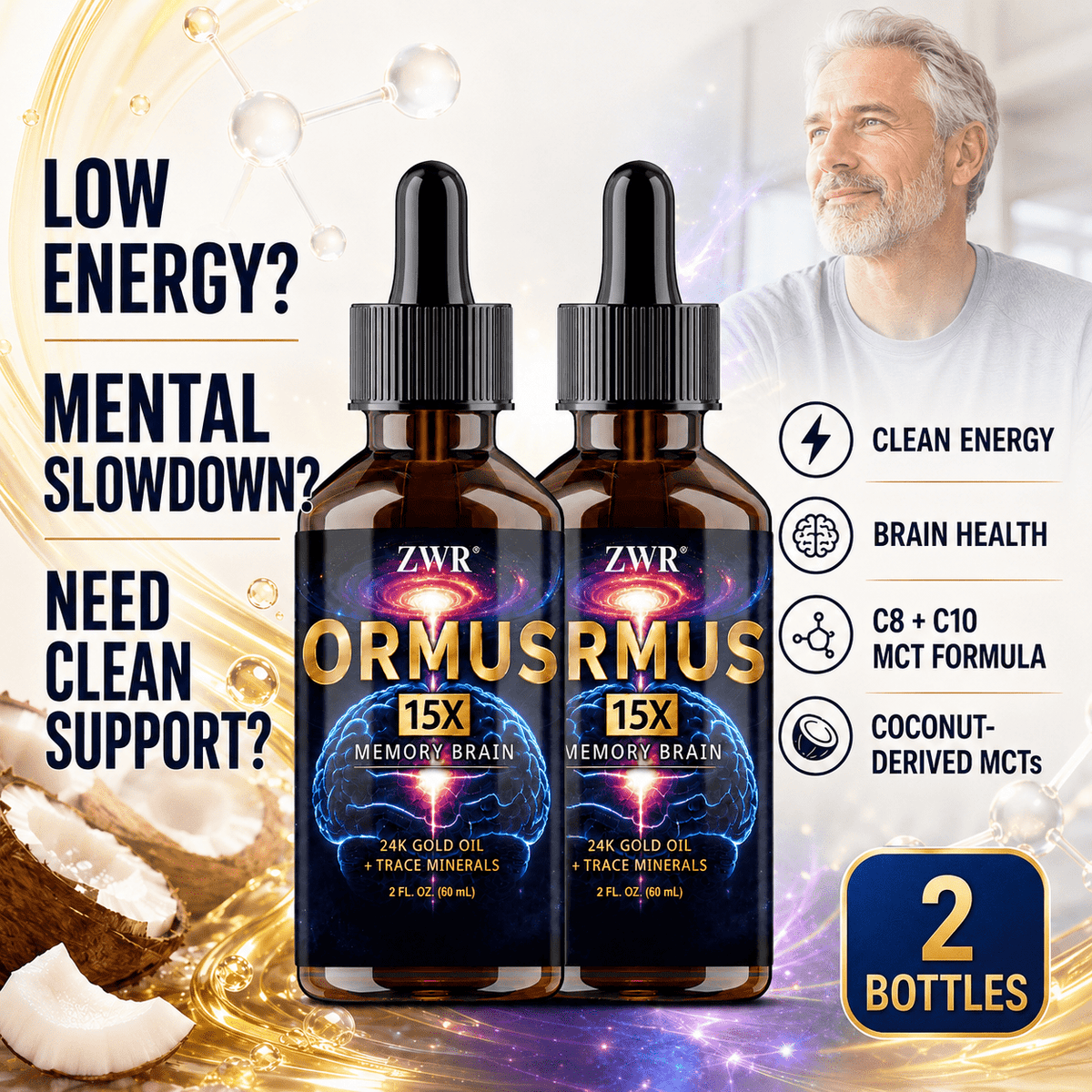 1/2/3 Bottles ZWR Ormus Liquid Supplement, MCT Coconut Oil 1800 mg with C8 1100 mg + C10 600 mg, Coconut-Derived MCTs, Clean Energy and Daily Focus Support, 30 Servings Per Bottle