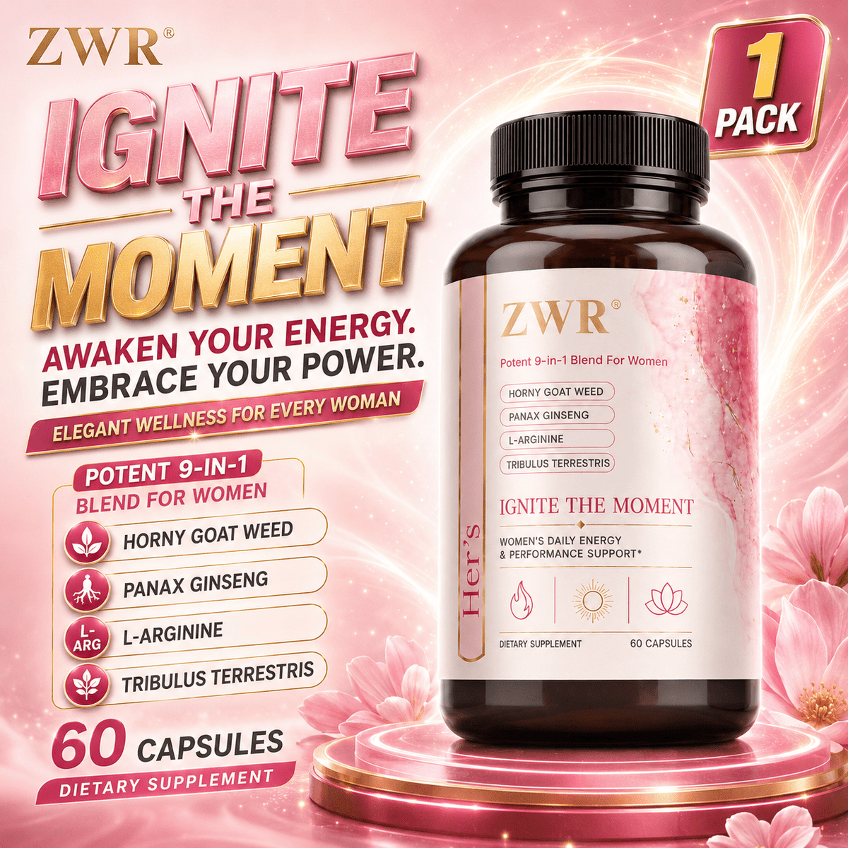 1PCS, Women's Herbal Complex Capsules, Tribulus Terrestris Extract, Tongkat Ali Root Extract, Saw Palmetto Berry Fatty Acids, Muira Puama Root Extract, L-Arginine, Panax Ginseng Root Powder, Women's Health, Daily Wellness