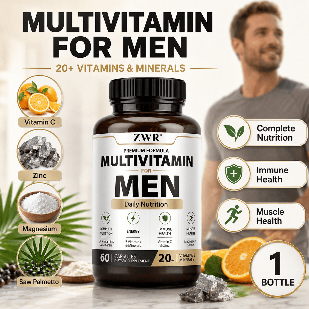 Men's Multivitamin 60 Capsules, 20+ Vitamins & Minerals with Vitamin C, Zinc, Magnesium, Saw Palmetto, Lutein & Lycopene, Complete Daily Nutrition Formula, Immune Health, Muscle Health, Men's Health & Antioxidant Nutrients