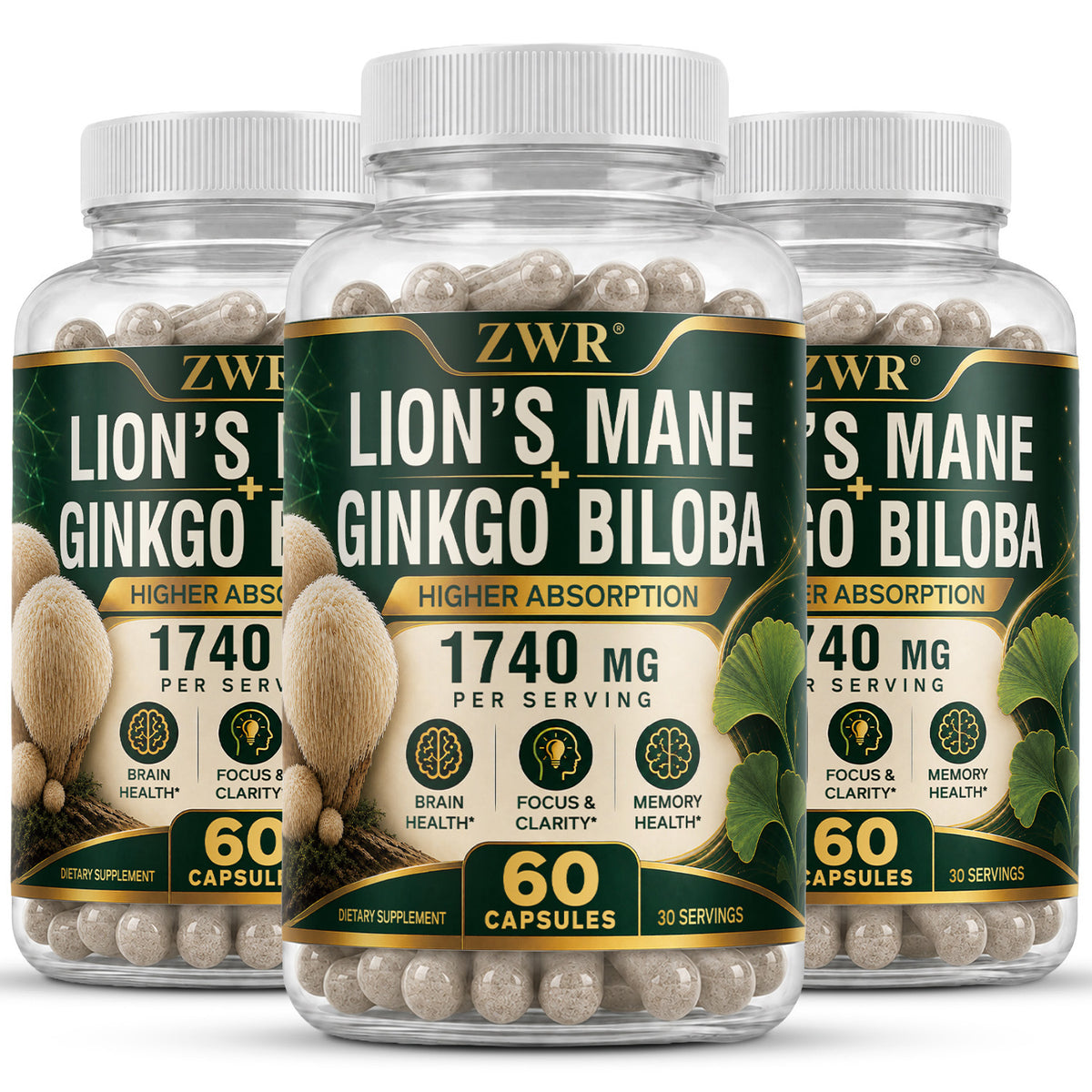 Lion's Mane Mushroom Extract with Ginkgo Biloba Capsules, 1740 mg Per Serving, Brain Health, Focus & Clarity, Memory Health, Cognitive Wellness Formula, 60 Capsules Each