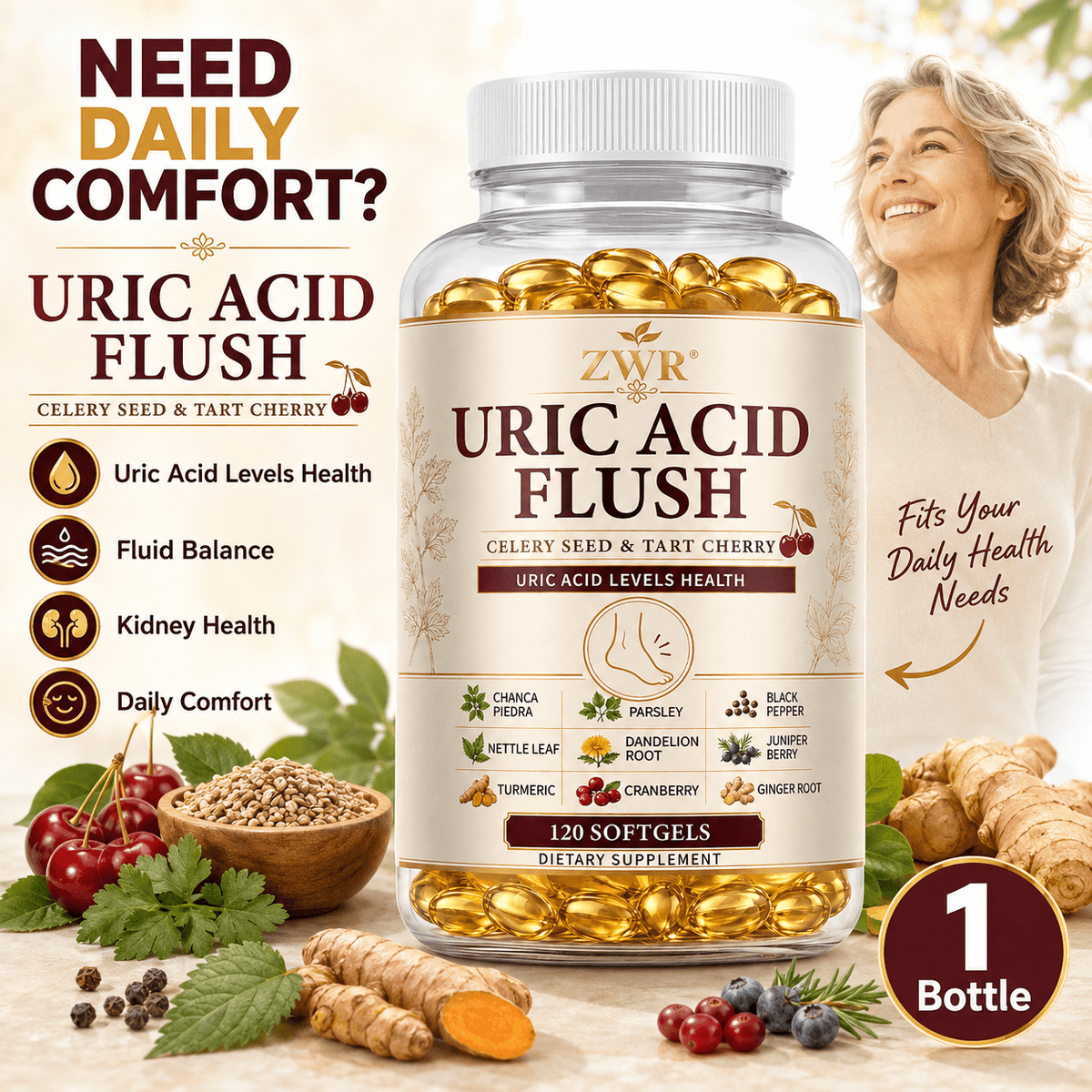 1 Bottle Uric Acid Flush Softgels with Celery Seed & Tart Cherry, Herbal Complex for Uric Acid Levels Health, Fluid Balance, Kidney Health & Daily Comfort, 120 Softgels, 30 Servings