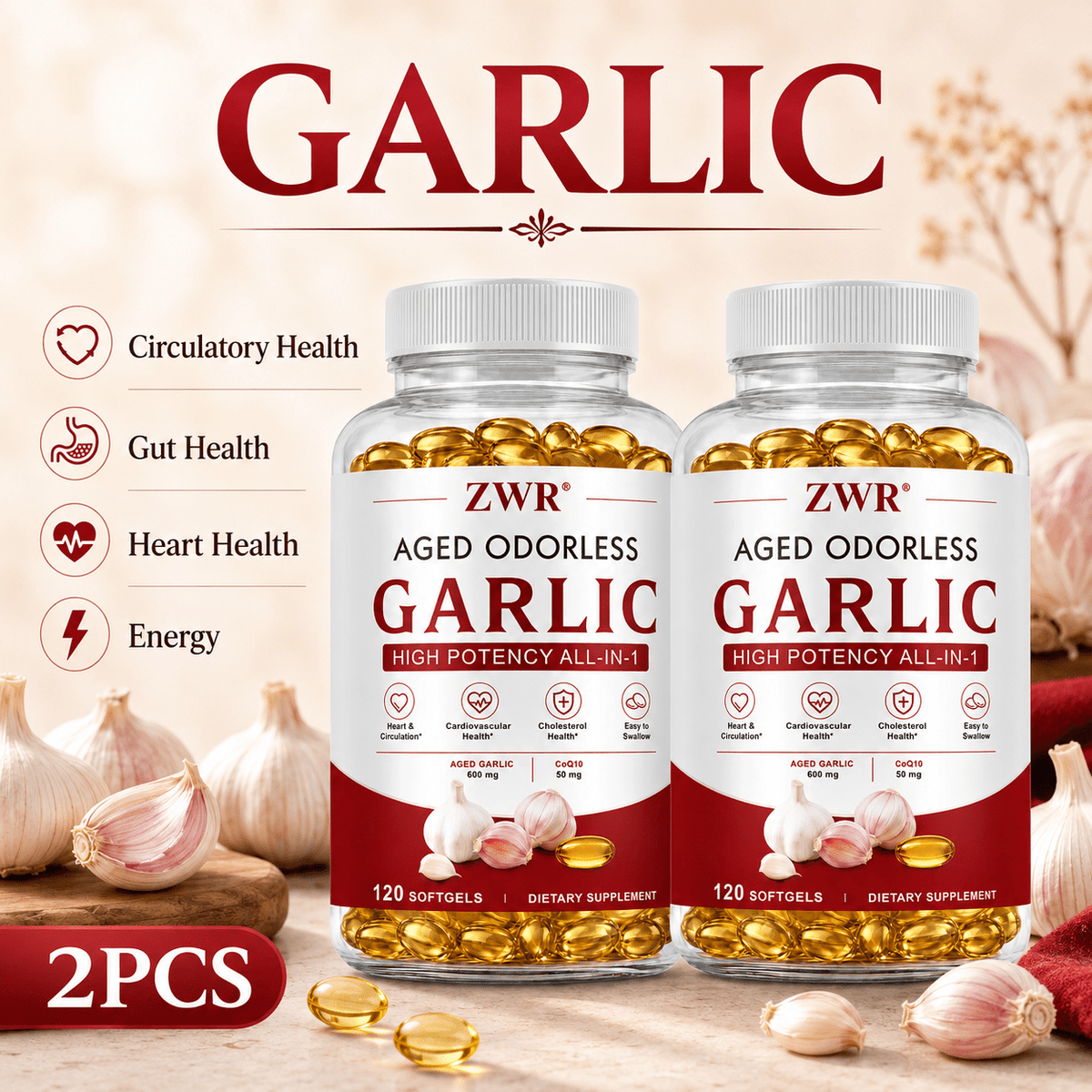 Aged Odorless Garlic & CoQ10 Softgels, with 600mg Aged Garlic Extract and 50mg Ubiquinol, for Heart Health, Circulatory Health, Gut Health, Natural Energy, Antioxidant Care and Daily Wellness, 120 Count