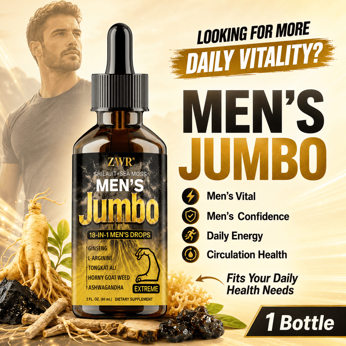 1 Bottle Men's Jumbo Shilajit + Sea Moss Men's Drops, 18-IN-1 Formula, with Ginseng, L-Arginine, Tongkat Ali, Ashwagandha, Men's Vital, Men's Confidence, Daily Energy, Circulation Health, 2 FL.OZ, 30 Servings