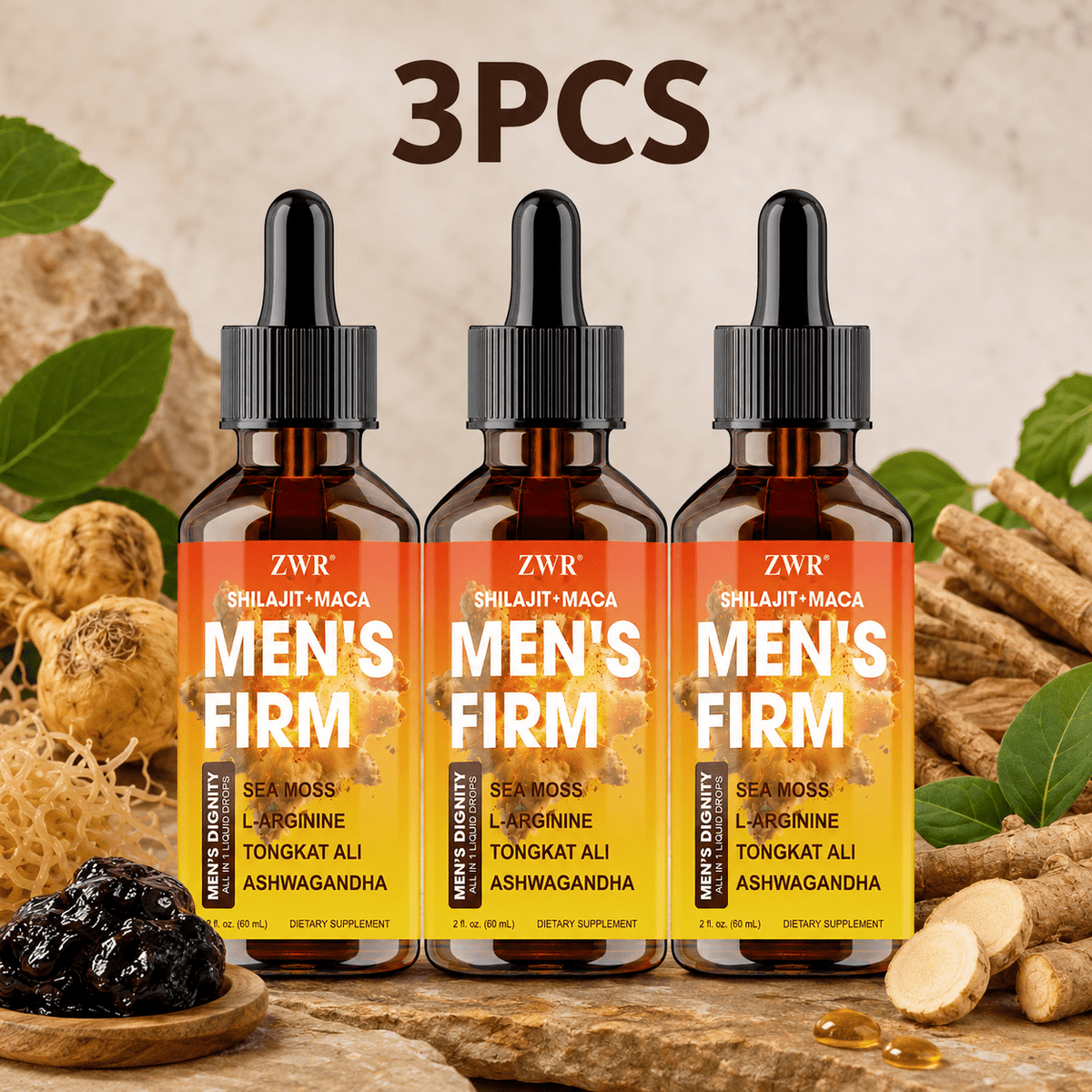 Men's Firm Liquid Drops, Shilajit Black Maca Sea Moss L-Arginine and Tongkat Ali Blend, Daily Energy Focus & Active Lifestyle Support for Men