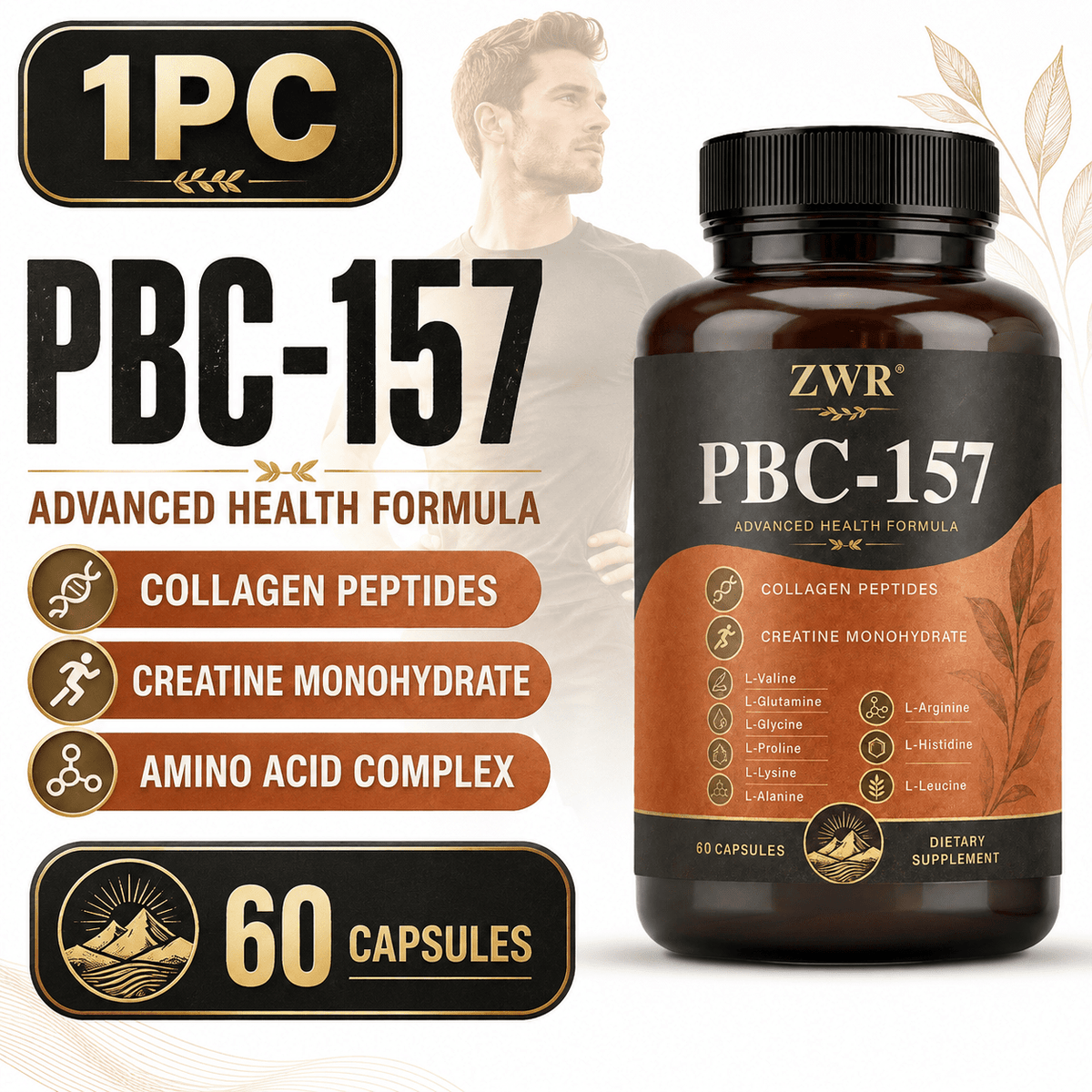 PBC-157 Amino Acid & Collagen Complex Capsules - For Muscle Support, Tissue Wellness & Daily Maintenance - With Magnesium, Collagen Peptides, Creatine & 15 Amino Acids - Per Bottle: 60 Capsules