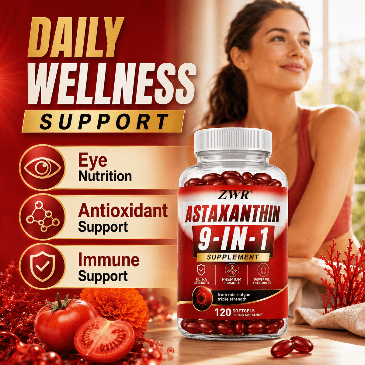 High Potency Astaxanthin Softgels, 9-in-1 Antioxidant Complex with Microalgae Astaxanthin, Lycopene & Lutein Blend, Vitamin C, Vitamin E, Selenium, Eye Nutrition Support and Daily Immune Health Support, 120 Count