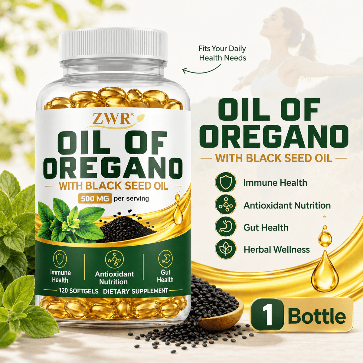 Oil of Oregano Softgels with Black Seed Oil, 500 mg Herbal Blend, Immune Health, Antioxidant Nutrition, Gut Health, Fresh Start, Comfortable Day, Refreshed Feel, 120 Softgels Per Bottle