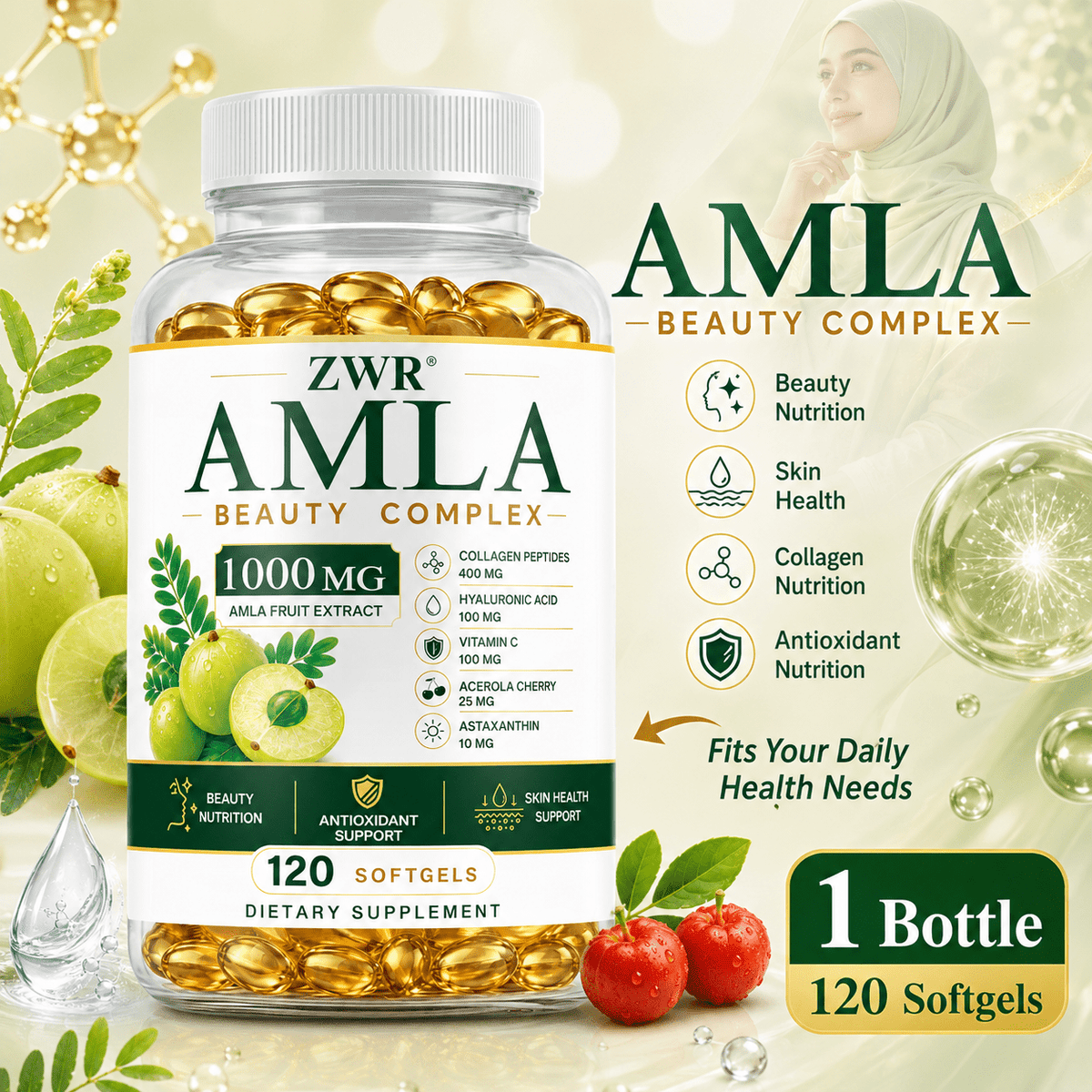 1 Bottle Amla Beauty Complex Softgels, 1000 mg Amla Fruit Extract, Collagen Peptides, Hyaluronic Acid, Vitamin C, Acerola Cherry, Astaxanthin, Biotin & Zinc, Beauty Nutrition, Antioxidant Support, Skin Health Support, 120 Softgels