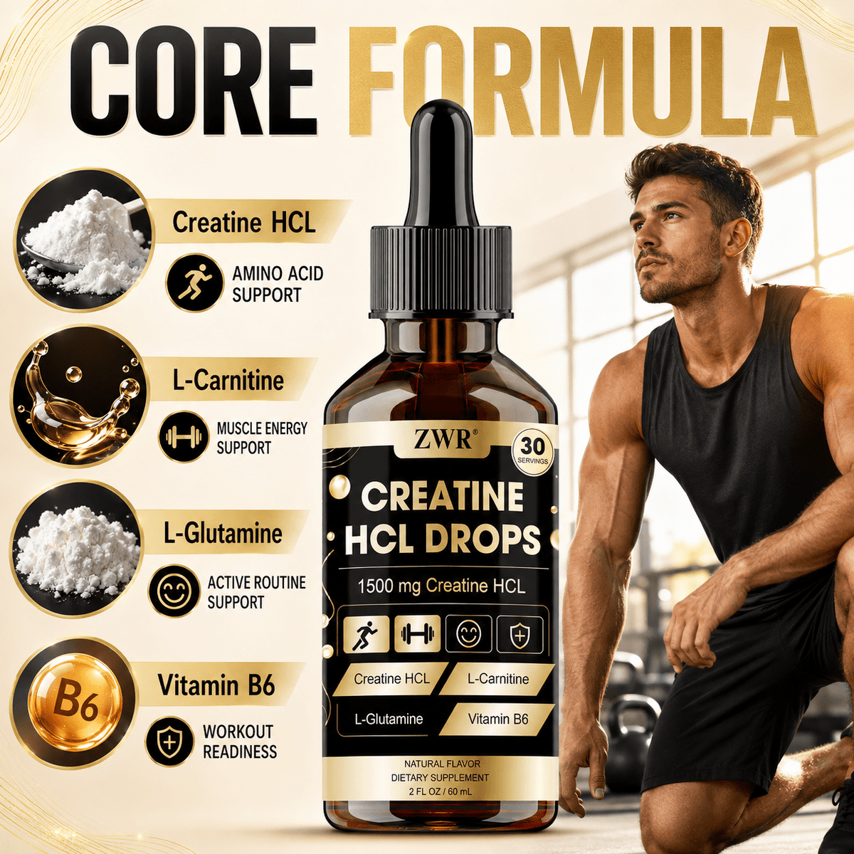 CREATINE HCL DROPS Liquid Supplement, 1500mg Creatine HCL Formula with L-Carnitine, L-Glutamine & Vitamin B6, Amino Acid Support for Muscle Energy, Workout Routine & Daily Fitness Support, 60mL