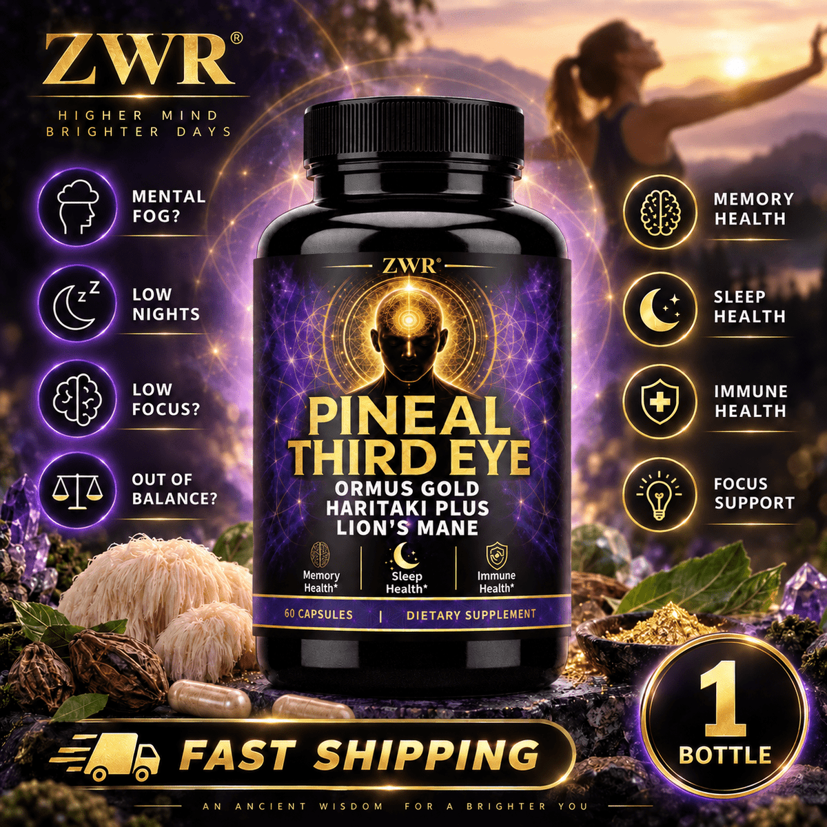 PINEAL THIRD EYE Capsules, Deeper Thought, Intuitive Awareness & Dream Clarity. Calm inner mental state and support steady daily mental comfort. Key Ingredients: Monoatomic Gold +, Magnesium, Vitamin B12, Haritaki Powder, 60 Counts.