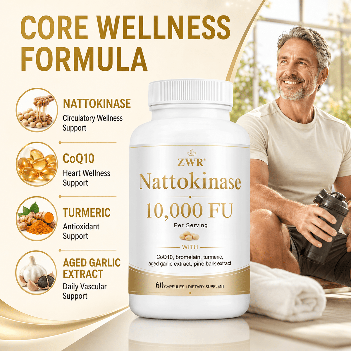 Nattokinase 10, 000 FU Capsules, Nattokinase 500mg Enzyme Formula with CoQ10, Bromelain, Turmeric Root Extract, Aged Garlic Extract & Pine Bark Extract, Daily Circulation Support, Heart Wellness Support, Antioxidant Support, 60 Capsules