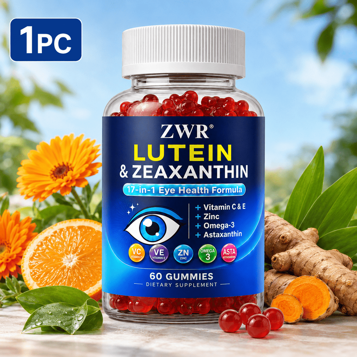 1PC 17-in-1 Lutein & Zeaxanthin Gummies with Omega-3 & Astaxanthin - Supports Eye Health, Vision Health, 60 Gummies