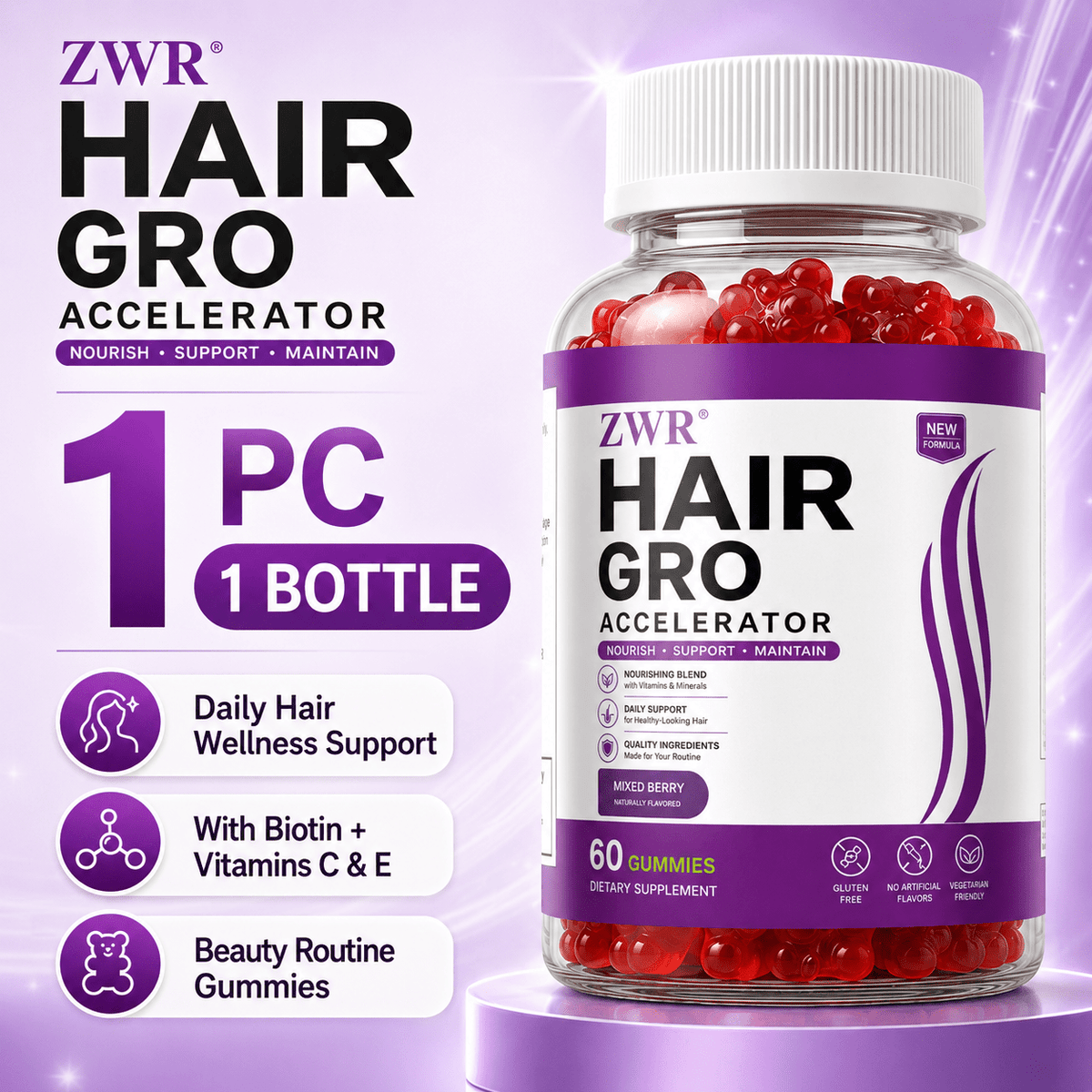 1 PC/ 3 PCS - Hair Wellness Gummies - Biotin 10000mcg Gummy Supplement with Vitamin C, Vitamin E, Inositol, L-Arginine, Silica & Magnesium Biotinate, Mixed Berry Flavor, Daily Hair Routine -Thicker, healthier hair; hair texture and growth