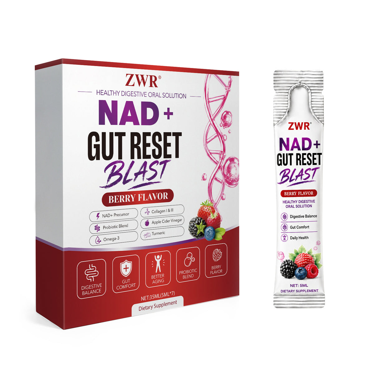 ZWR Gut Reset Berry Oral Supplement Packets, NAD+ Precursor, Type I & III Collagen, Inulin, Probiotics, Apple Cider Vinegar, Moringa, Ginkgo Biloba & Omega-3, Daily Digestive Comfort and Gut Balance Formula, Adults, 7 Count