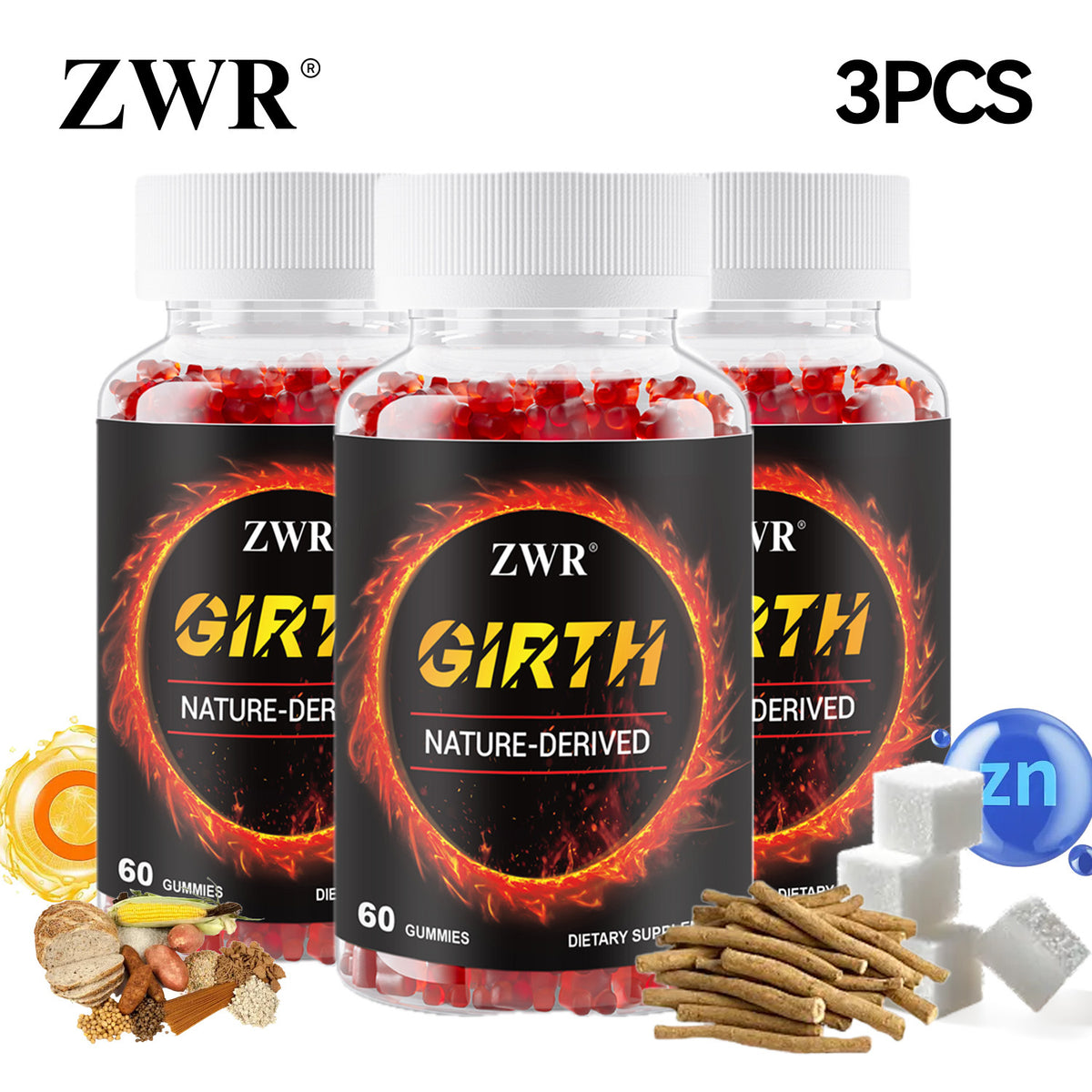 (1/3)pcs GIRTH Gummies for Men, Holistic Wellness & Steady Energy with Ashwagandha Extract, Tribulus Terrestris, Zinc & Vitamin C, 60 Gummies