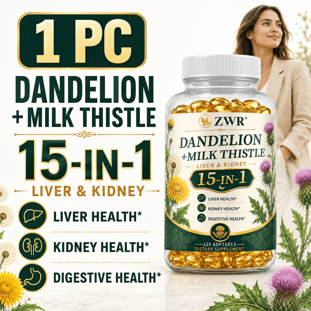 Dandelion & Milk Thistle Softgels - For Digestive Health, Liver Wellness & Kidney Support - With Dandelion Root, Milk Thistle, Artichoke, Ginger, Chanca Piedra, Parsley, Cleavers & Red Clover - Per Bottle: 120 Softgels