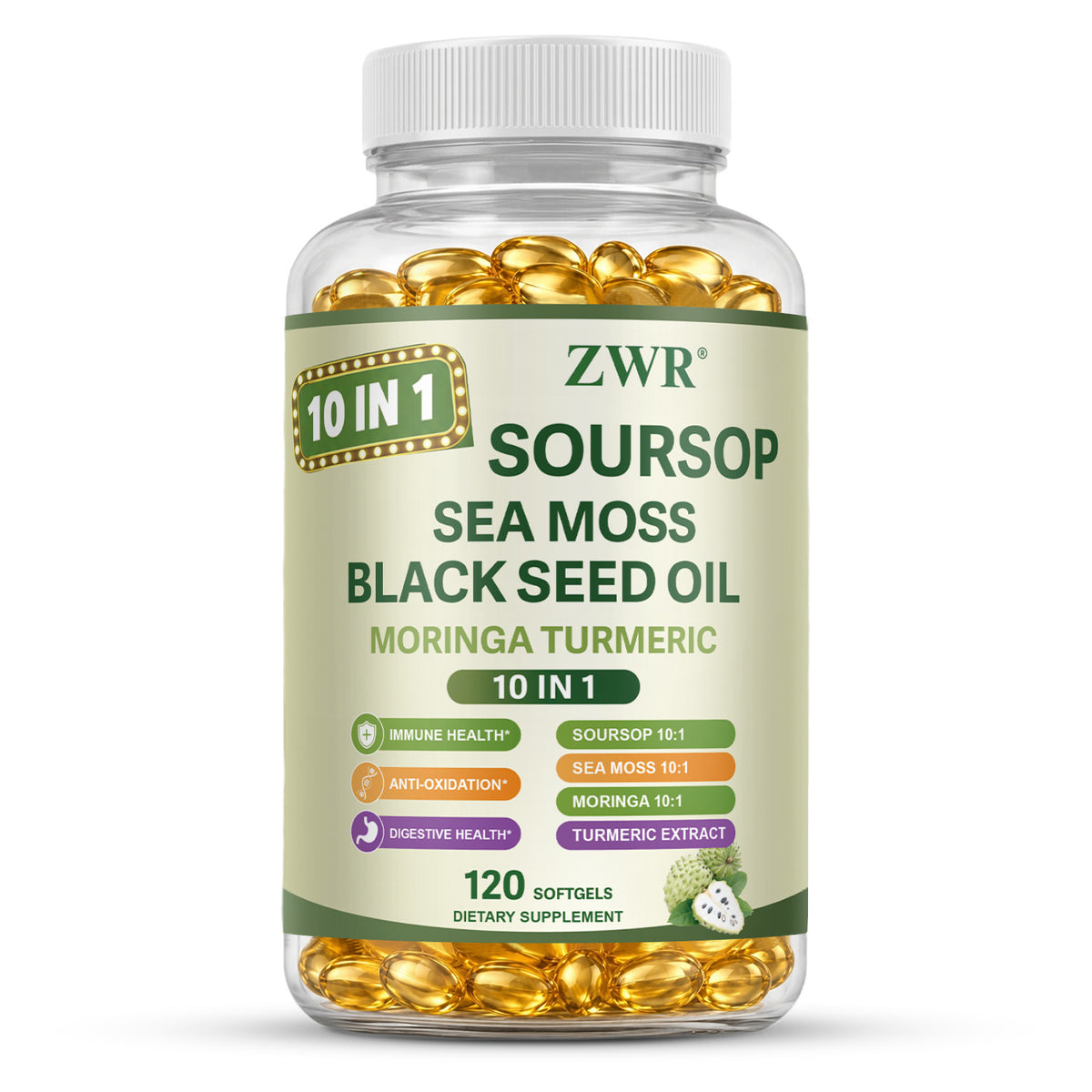 10 In 1 Soursop Sea Moss Complex Softgels, Featuring Black Seed Oil, Moringa, Turmeric Extract, Ashwagandha & Essential Vitamins, Natural Herbal Daily Wellness Supplement, 120 Softgels-Immune, digestive, skin; energy and cognitive enhancement.