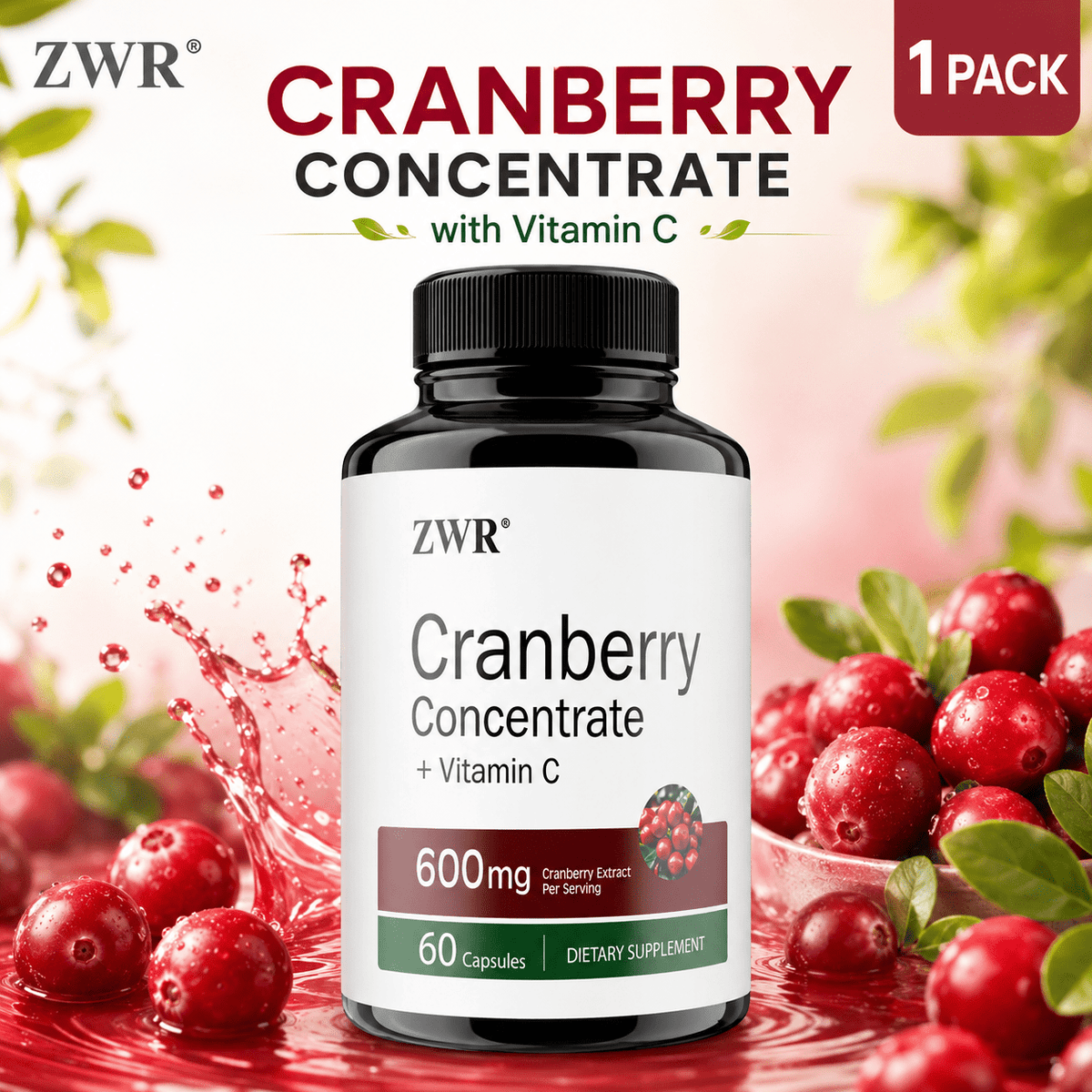 1 PCS, Cranberry Capsules, Cranberry Concentrate, Vitamin C, Vaccinium Macrocarpon Fruit, Daily Wellness, Fruit Nutrition Formula, 60 Capsules