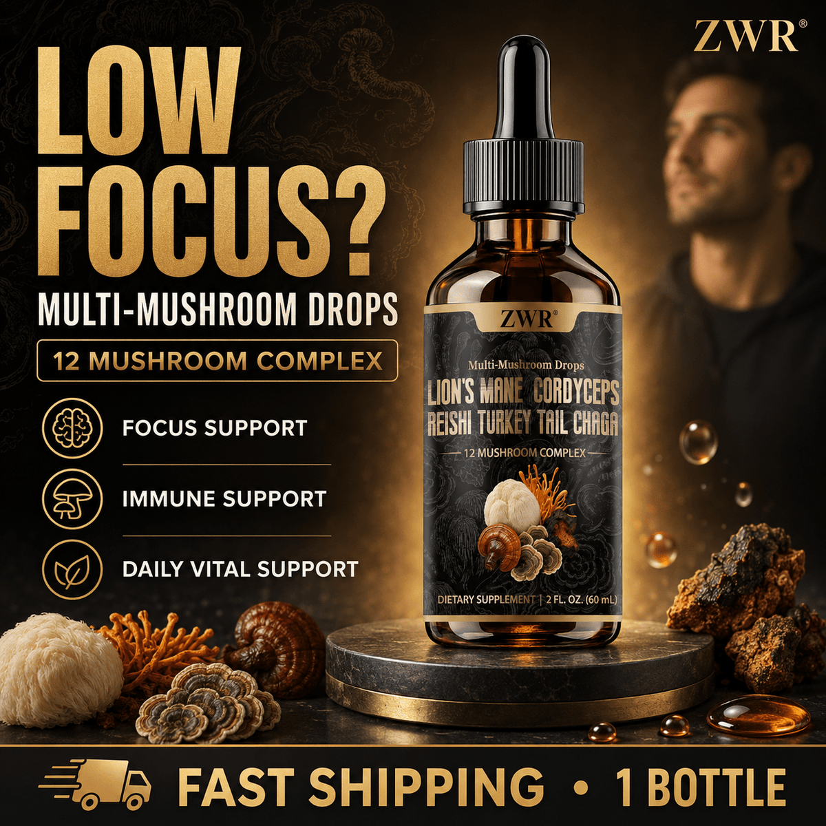 12-Mushroom Complex Drops, 60 mL | 100 mg Lion's Mane Extract per Serving | Multi-Mushroom Liquid Formula | Cordyceps, Reishi, Turkey Tail & Chaga | Brain Health, Daily Focus & Everyday Care