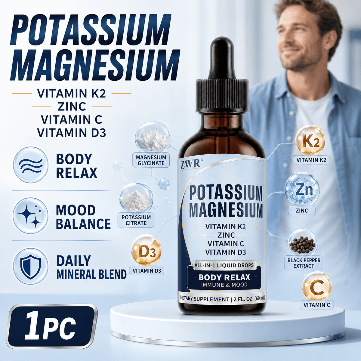 1 Bottle ZWR Potassium Magnesium Liquid Drops, All-in-1 Mineral-Focused Daily Blend with Magnesium Glycinate 200 mg, Potassium Citrate 99 mg, Vitamin D3, Vitamin K2, Zinc, Vitamin C & Black Pepper Extract, Body Relax, Immune & Mood, 2 FL. OZ