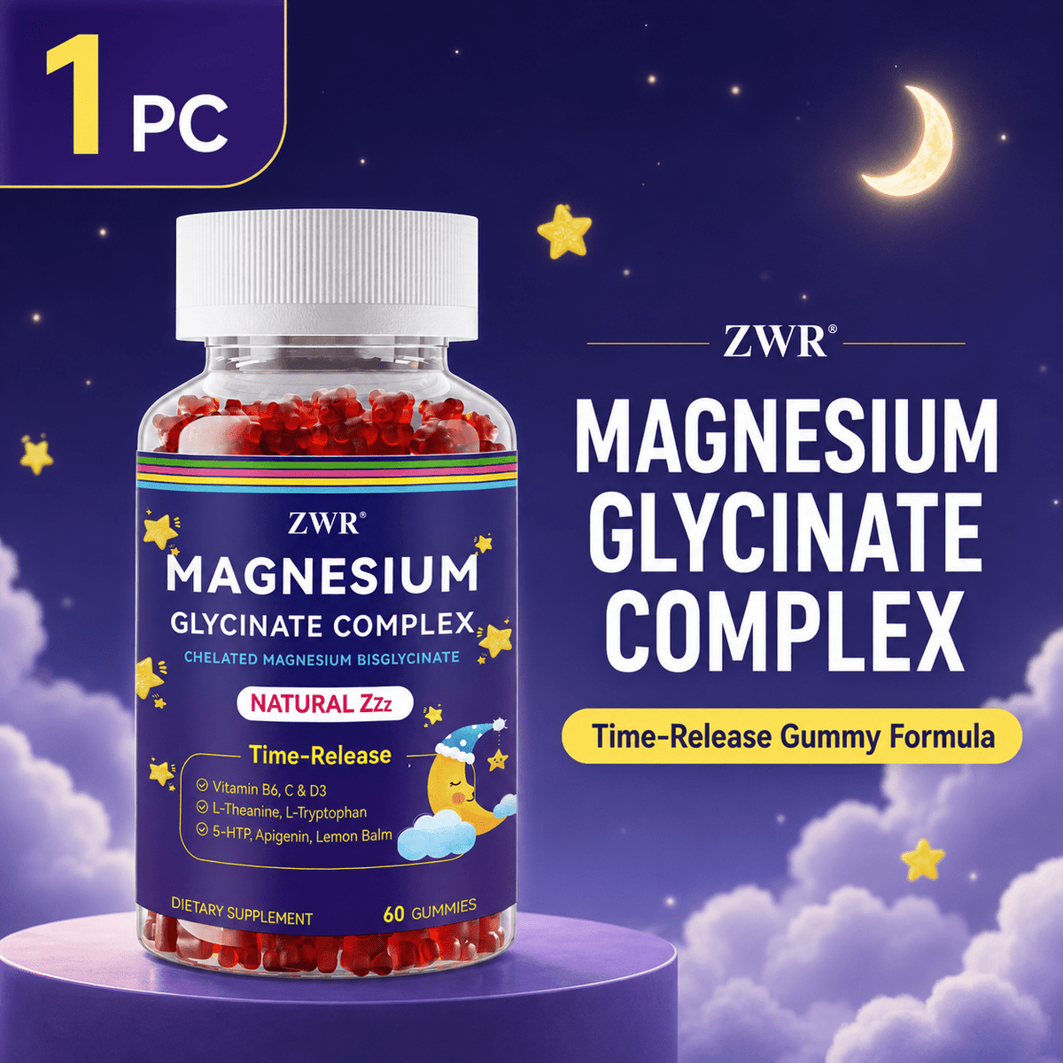 1 PC/ 3 PCS - Magnesium Glycinate Gummies - Supports Relaxation, Calm & Restful Sleep with B6, D3 & L-Theanine