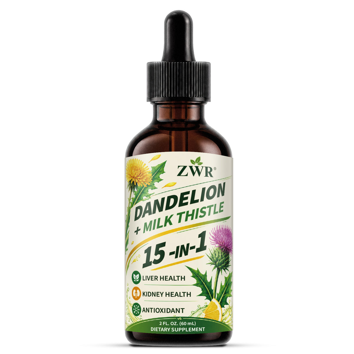 ZWR Multi-Source Dandelion Milk Thistle Liquid Drops, 60mL | Concentrated Dandelion Root, Milk Thistle & Full-Spectrum Herbal Ingredients | Plant-Derived Antioxidants | Wellness Nutrition Targeting Liver, Kidney & Digestive Comfort