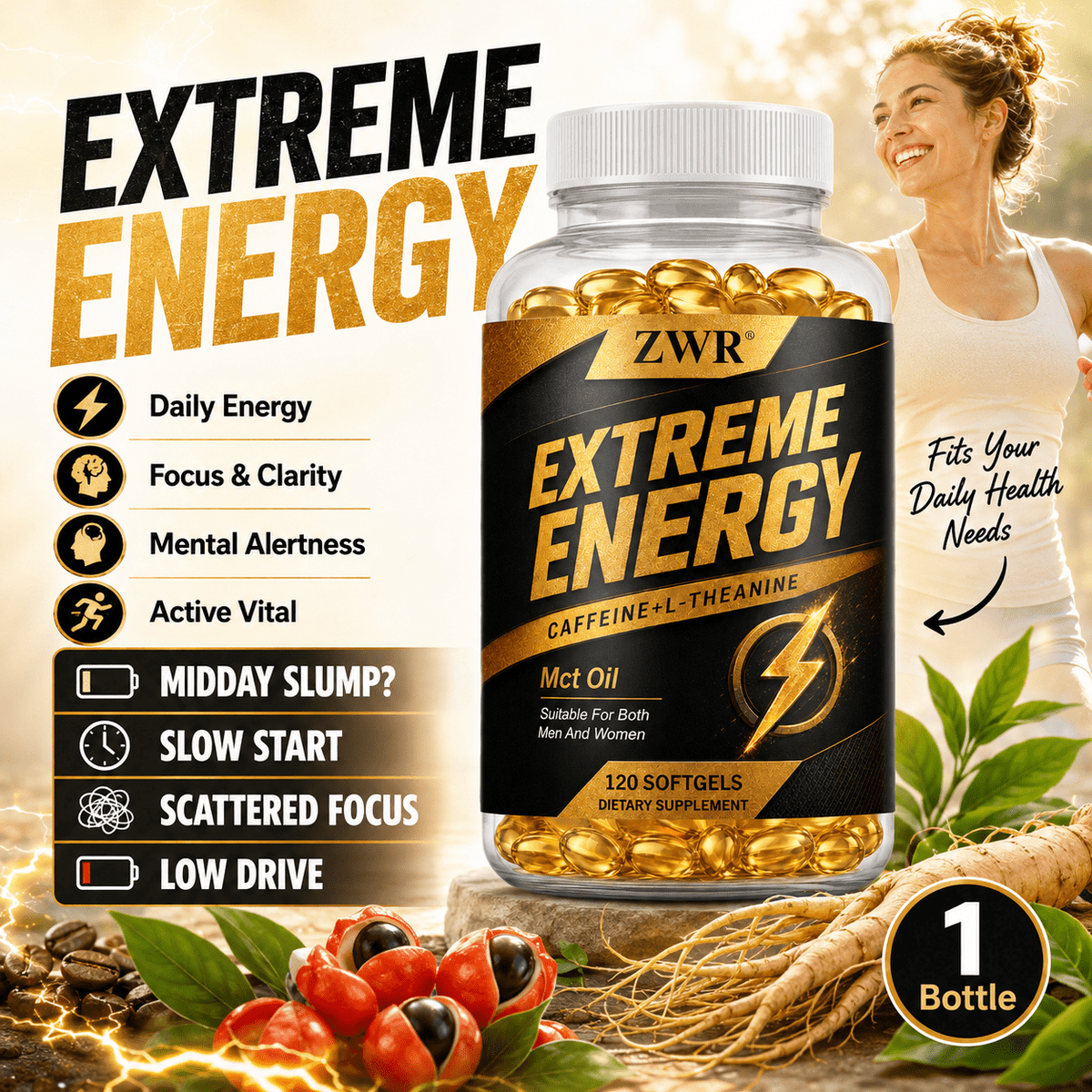 2 Bottles Extreme Energy Caffeine & L-Theanine Softgels, Better Value, 120 Softgels & 30 Servings per Bottle, with MCT Oil, Vitamin B12, Guarana and Red Ginseng for Focus, Mental Alertness & Active Vital