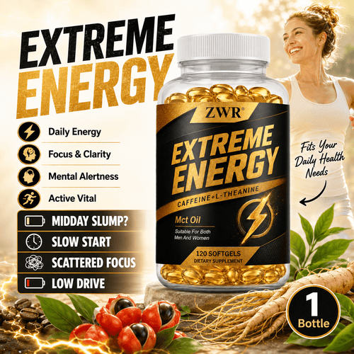2 Bottles Extreme Energy Caffeine & L-Theanine Softgels, Better Value, 120 Softgels & 30 Servings per Bottle, with MCT Oil, Vitamin B12, Guarana and Red Ginseng for Focus, Mental Alertness & Active Vital
