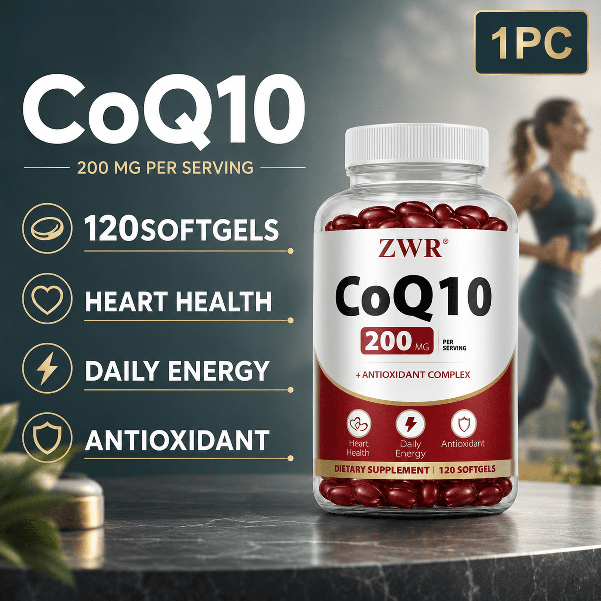 1pc CoQ10 200mg & Citrus Bergamot 150mg Softgels with Grape Seed, Turmeric, Amla, Resveratrol & Garlic - For Heart Health, Cognitive Health & Antioxidant Health, 120ct