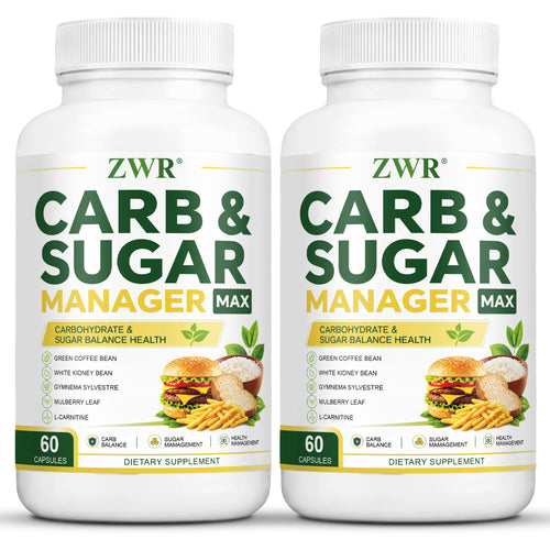 Carb & Sugar Manager Max, Daily Wellness Blend, with Mulberry Leaf, L-Carnitine, Green Coffee Bean, White Kidney Bean, Gymnema Sylvestre, for Carbohydrate Balance & Natural Energy, Great for Morning Routine, 1/2Pcs -60 Capsules