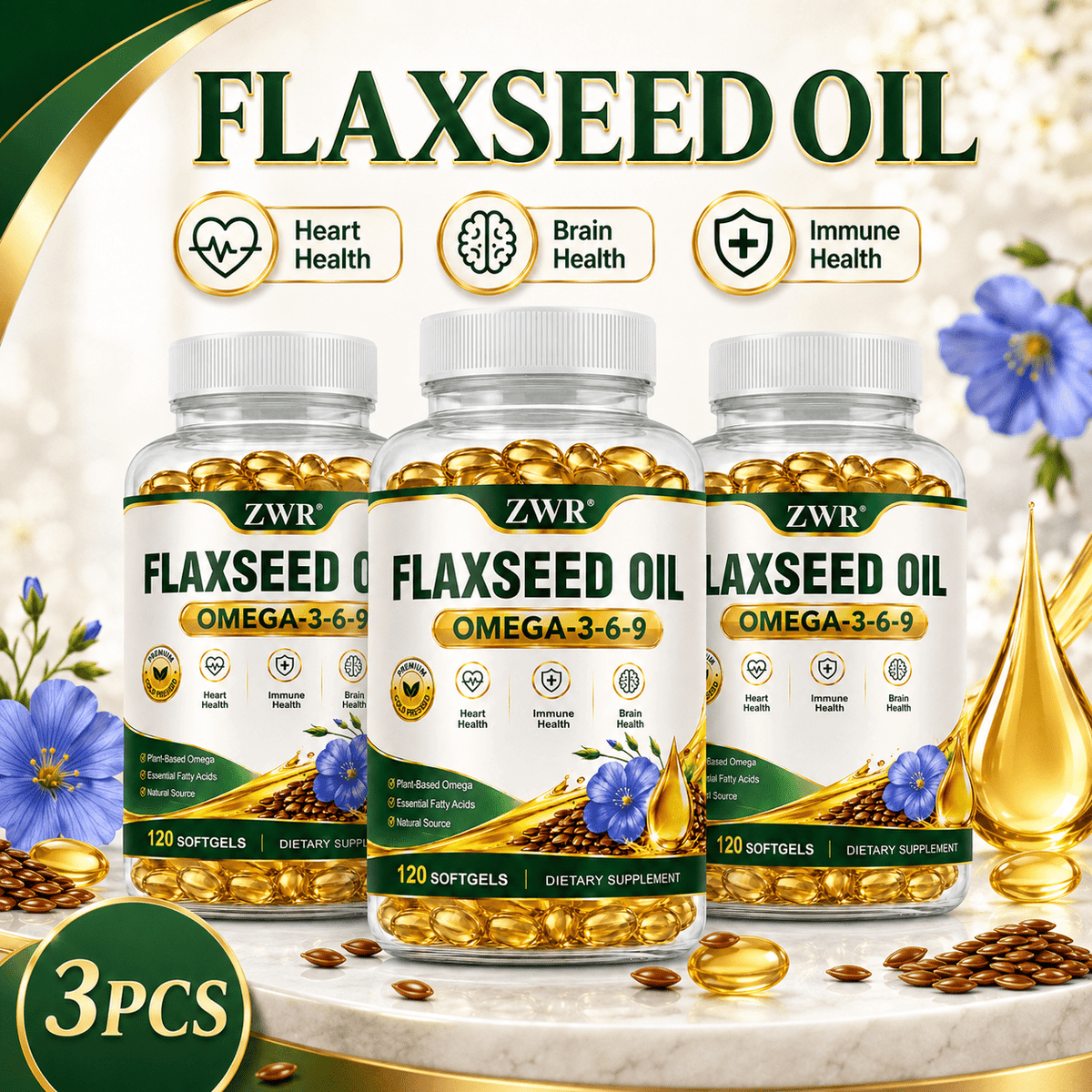 Flaxseed Oil Omega-3-6-9 Softgels, with Alpha-Linolenic Acid, Linoleic Acid and Oleic Acid, for Heart Health, Brain Health, Immune Health, Fatty Acid Intake and Daily Wellness, 120 Count