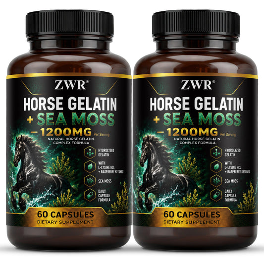 Horse Gelatin + Sea Moss Capsules, 1200mg Per Serving Hydrolyzed Gelatin Complex with L-Lysine HCl, Apple Cider Vinegar, Cinnamon Bark, Raspberry Ketones & Botanical Blend, -Herbal supplements for sports & fitness, energy, and immune health
