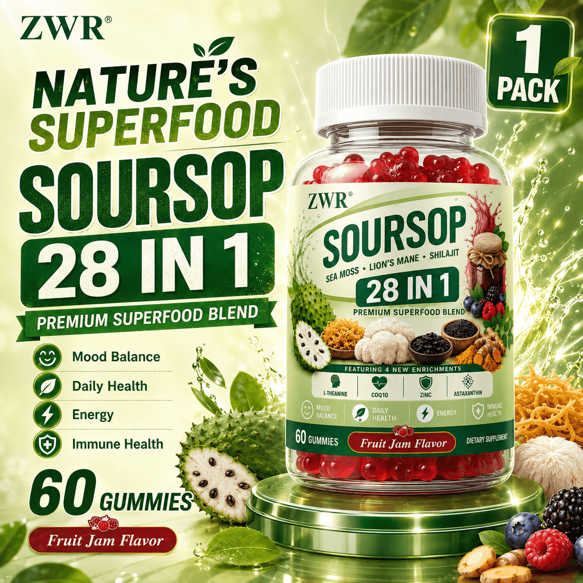 1PCS, Soursop Sea Moss Multivitamin Gummies, Vitamin C, Vitamin D3, Zinc, Soursop, Black Seed, Ashwagandha, Sea Moss, L-Theanine, CoQ10, Daily Wellness
