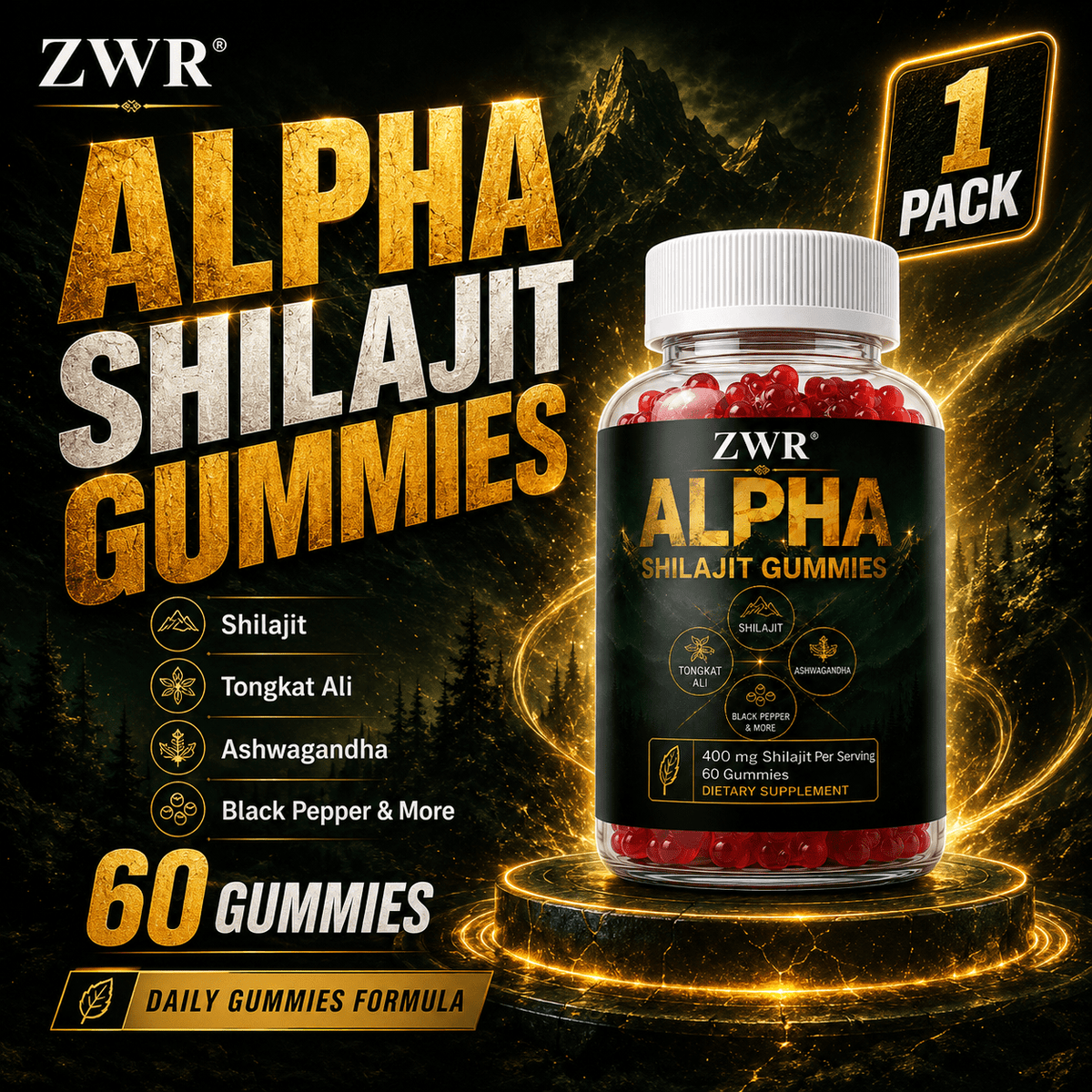 1PCS, Shilajit Herbal Gummies, Shilajit Extract, Ashwagandha, Ginger Root, Black Musli, Gokshura, Peruvian Root, Tongkat Ali, Men's Daily Wellness