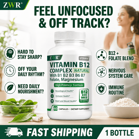 Red Blood Formation & Daily B-Vitamin Intake, Vitamin B12 Complex Capsules, 500 mcg B12 with B1, B2, B3, B5, B6, B7, Folate & Magnesium Citrate, 60 Capsules