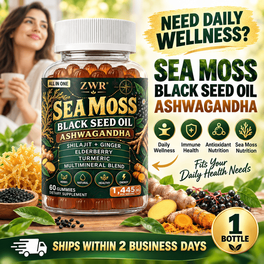 1 Bottle Sea Moss Black Seed Oil Ashwagandha Gummies, 1445 mg Per Serving, Shilajit, Ginger, Elderberry, Turmeric, Multimineral Blend, Daily Wellness, 60 Gummies