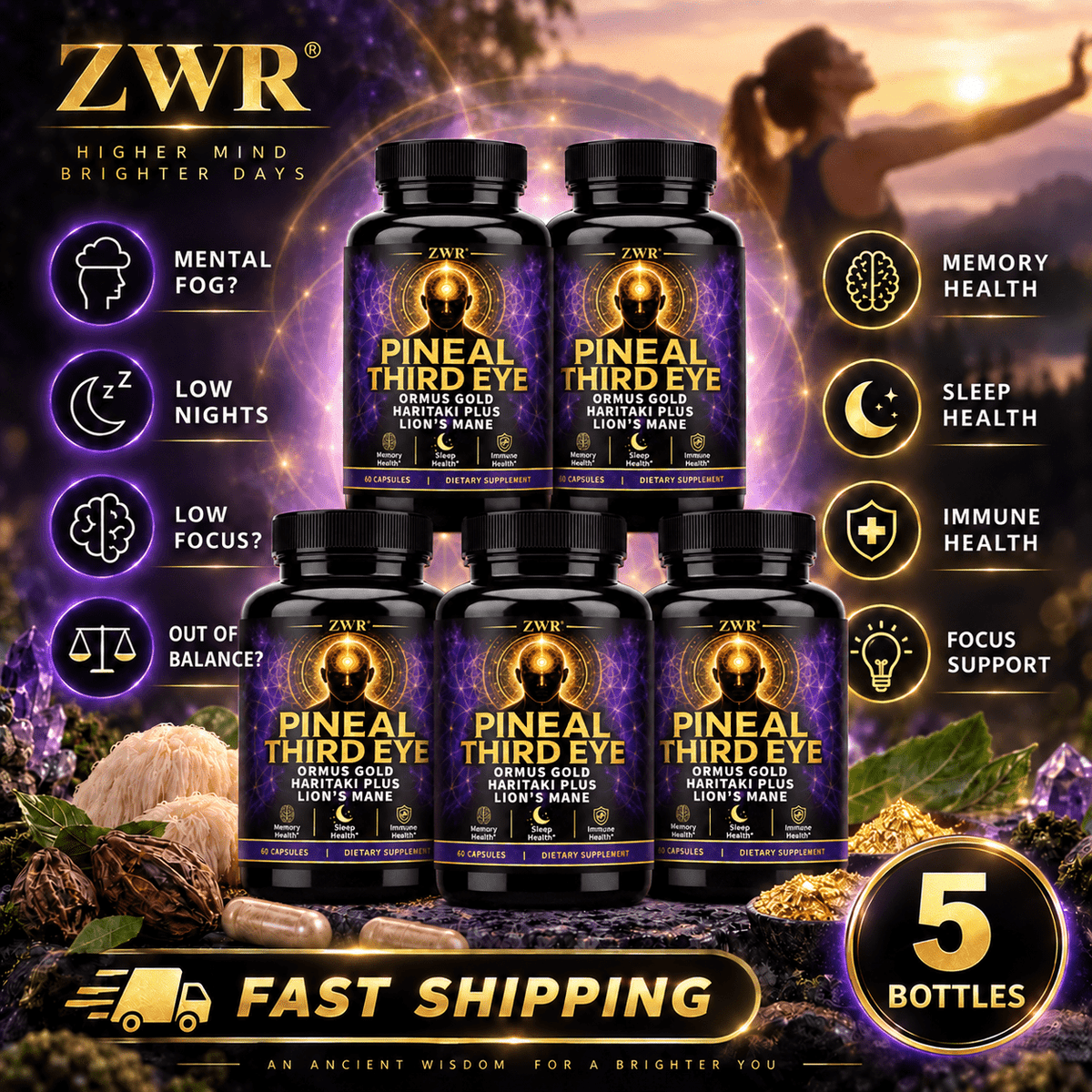 PINEAL THIRD EYE Capsules, Deeper Thought, Intuitive Awareness & Dream Clarity. Calm inner mental state and support steady daily mental comfort. Key Ingredients: Monoatomic Gold +, Magnesium, Vitamin B12, Haritaki Powder, 60 Counts.