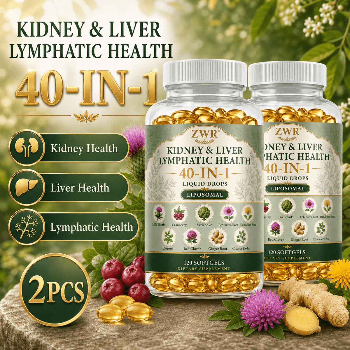 40-IN-1 Kidney & Liver Lymphatic Health Softgels with Liposomal Glutathione, NAC, Milk Thistle, Cranberry & Artichoke, Kidney Health, Liver Health, Lymphatic Health, Antioxidant and Fluid Balance, 120 Softgels