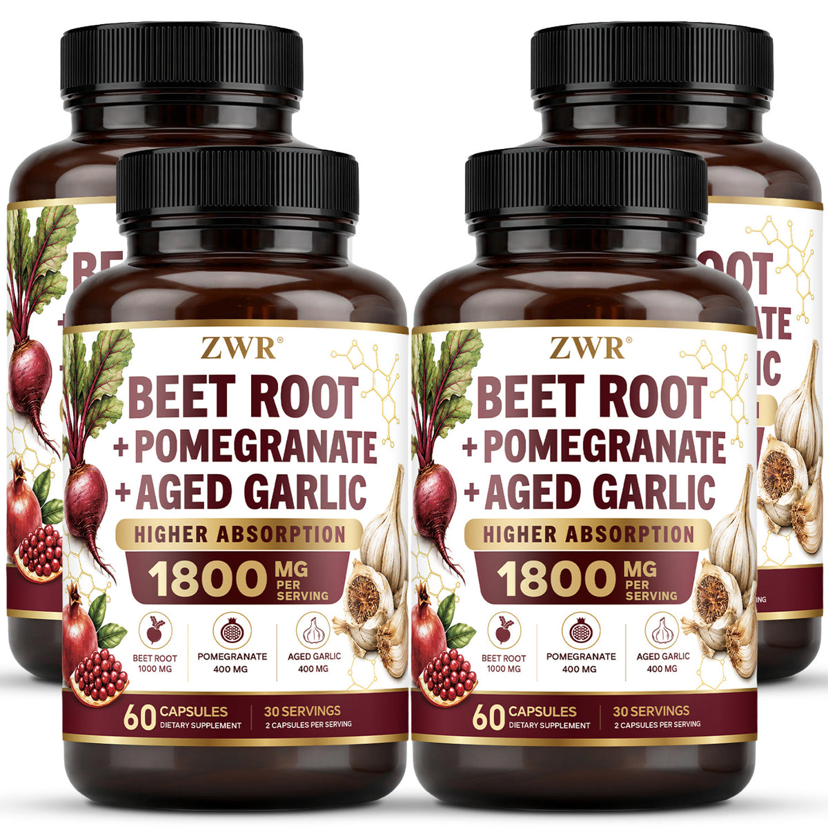 4Pcs Beet Root & Aged Garlic & Pomegranate Capsules - 1800mg Per Serving, Advanced Heart & Immune Complex, with Beet Root, Aged Garlic, Pomegranate, for Heart & Circulation Support & Quick Uptake, Great for Adults Over 18, 60 Capsules