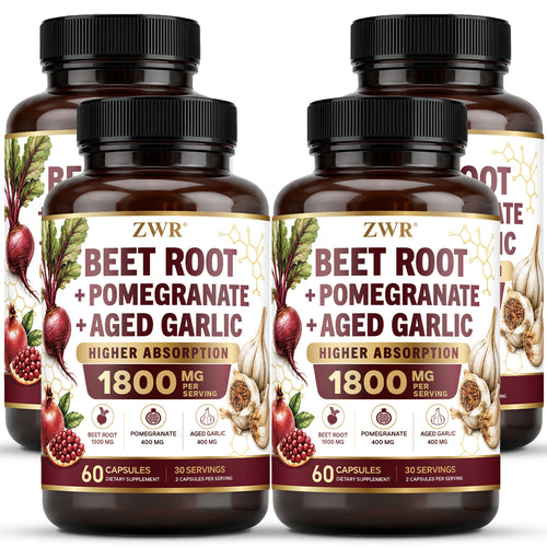4Pcs Beet Root & Aged Garlic & Pomegranate Capsules - 1800mg Per Serving, Advanced Heart & Immune Complex, with Beet Root, Aged Garlic, Pomegranate, for Heart & Circulation Support & Quick Uptake, Great for Adults Over 18, 60 Capsules