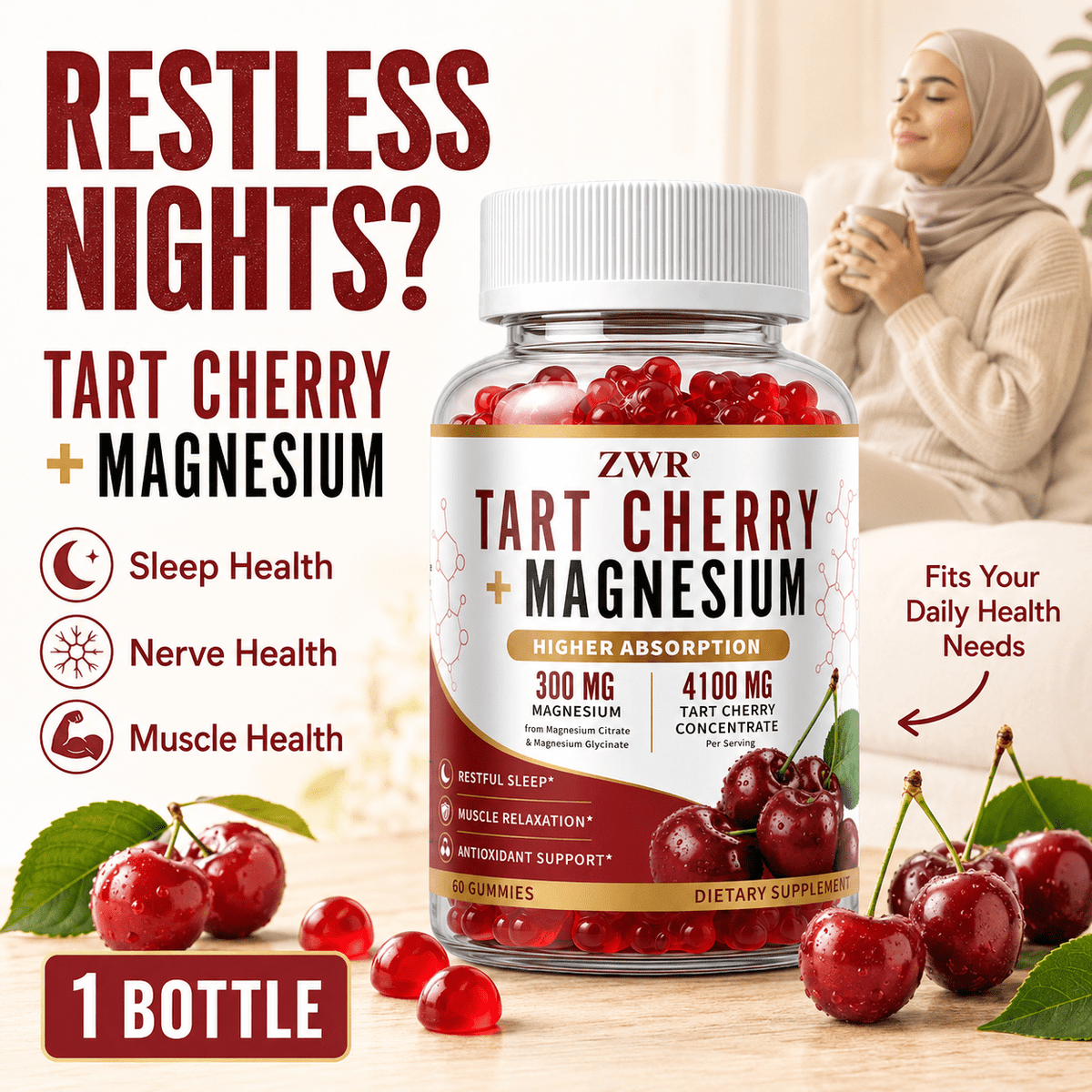 2 Bottles Tart Cherry + Magnesium Dietary Supplement Gummies, Higher Absorption Formula, 4100 mg Tart Cherry Concentrate, 300 mg Magnesium, Sleep Health, Nerve Health, Relaxed Daily Feel, 60 Gummies Per Bottle