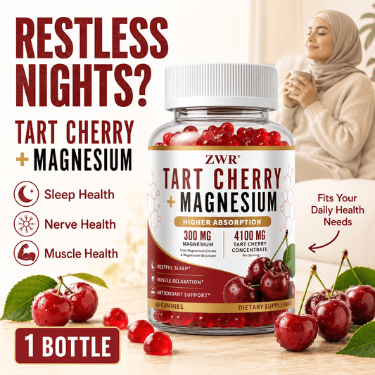 2 Bottles Tart Cherry + Magnesium Dietary Supplement Gummies, Higher Absorption Formula, 4100 mg Tart Cherry Concentrate, 300 mg Magnesium, Sleep Health, Nerve Health, Relaxed Daily Feel, 60 Gummies Per Bottle
