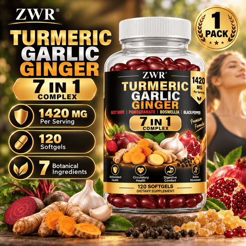 1PACK, ZWR Turmeric Garlic Ginger 7-IN-1 Complex Softgels, with Beet Root, Pomegranate, Boswellia and Black Pepper, Daily Antioxidant Health and Digestive Health Supplement