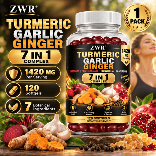 1PACK, ZWR Turmeric Garlic Ginger 7-IN-1 Complex Softgels, with Beet Root, Pomegranate, Boswellia and Black Pepper, Daily Antioxidant Health and Digestive Health Supplement