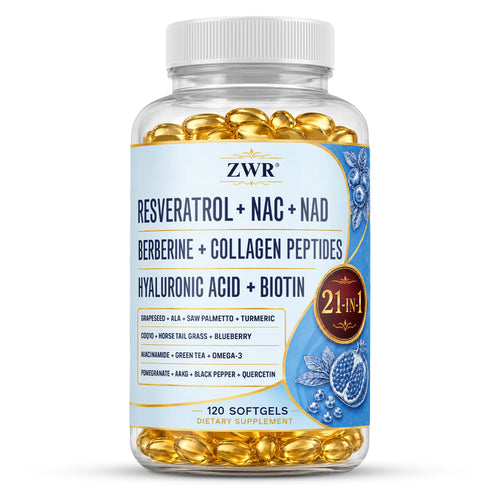 1 PC Resveratrol + NAC + NAD Softgels, Berberine & Collagen Peptides Formula, Healthy Aging Nutrition, Antioxidant Wellness, 21-in-1, 120 Softgels