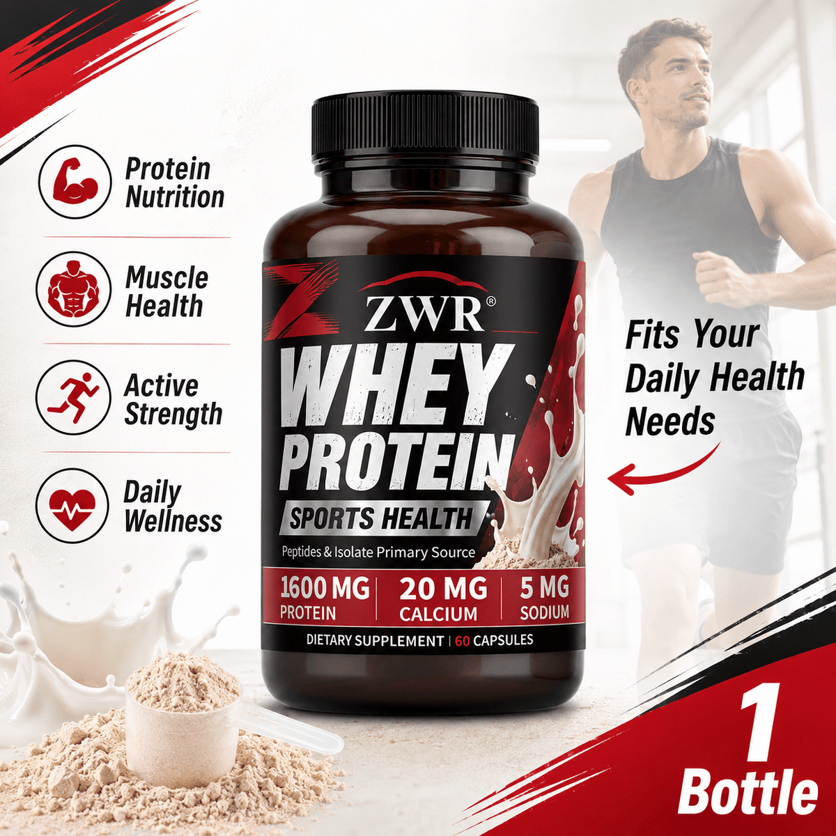 1 Bottle, Active Adults Whey Protein Blend Capsules, 60 Capsules, 30 Servings, 1600 mg Protein Per Serving, Whey Protein Concentrate, Whey Isolate, Whey Peptides, Calcium, Sodium & Potassium, Sports Health, Daily Protein Support