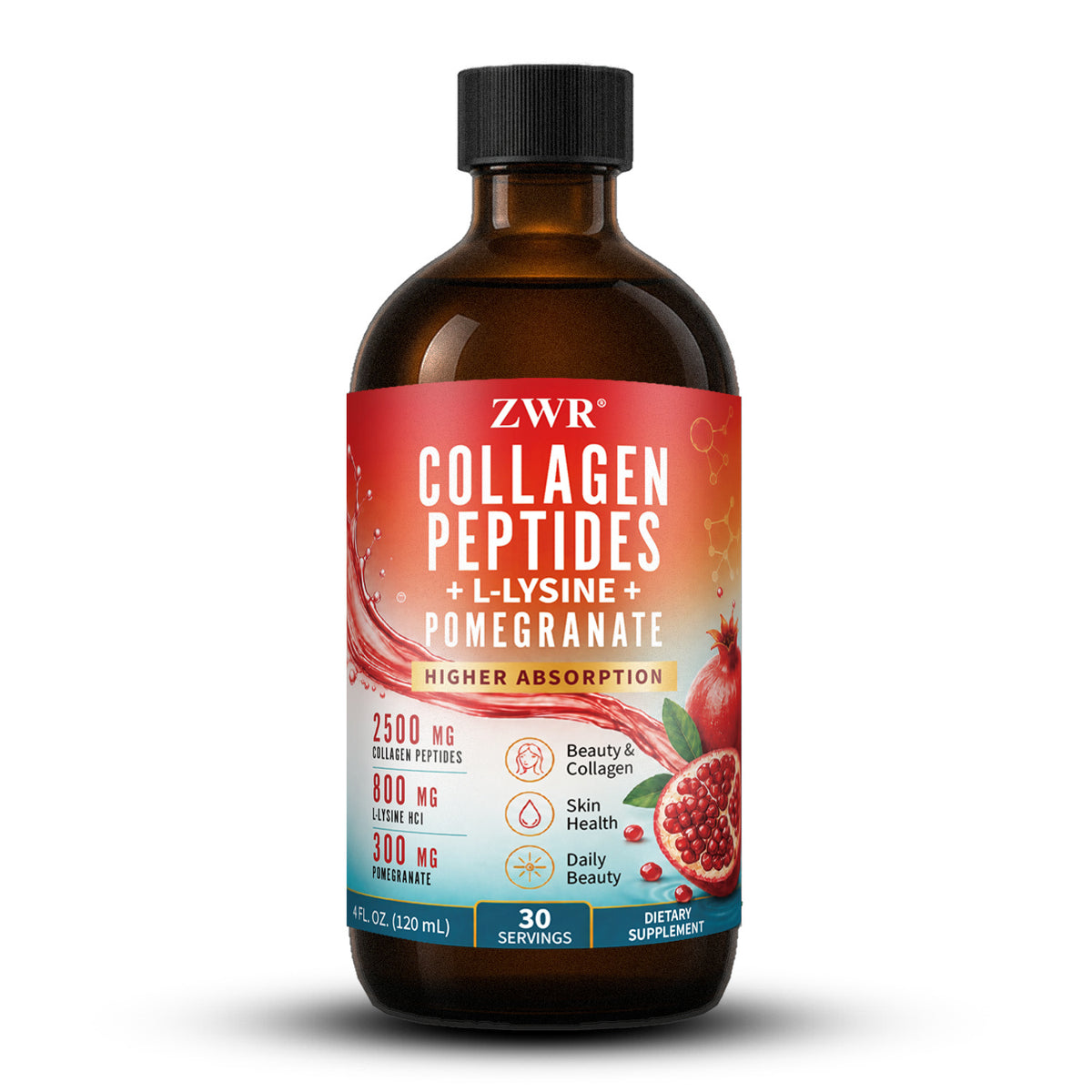 Collagen Peptides + L-Lysine + Pomegranate Liquid Supplement, Liquid Collagen Beauty Formula, Skin Health, Daily Beauty Nutrition and Beauty Care, Dietary Supplement, 4 FL OZ (120 mL) Each