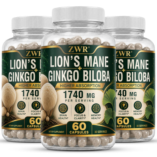 Lion's Mane Mushroom Extract with Ginkgo Biloba Capsules, 1740 mg Per Serving, Brain Health, Focus & Clarity, Memory Health, Cognitive Wellness Formula, 60 Capsules Each